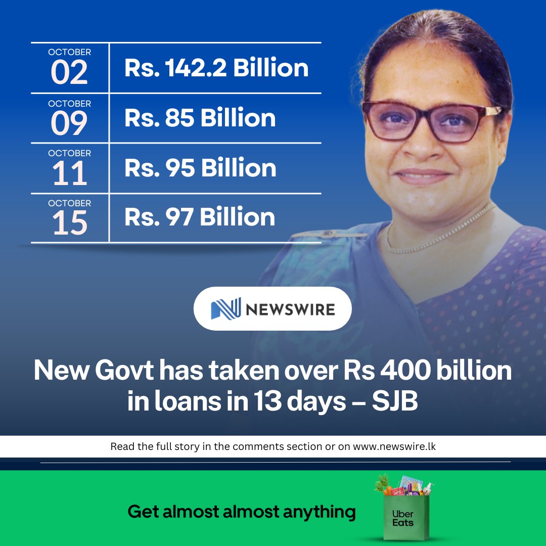 Former SJB MP Rohini Kavirathna says the government has received Rs. 419 billion in treasury bills and bond loans, in the 13 days from 02-15 October 2024.

D: newswire.lk/3nan