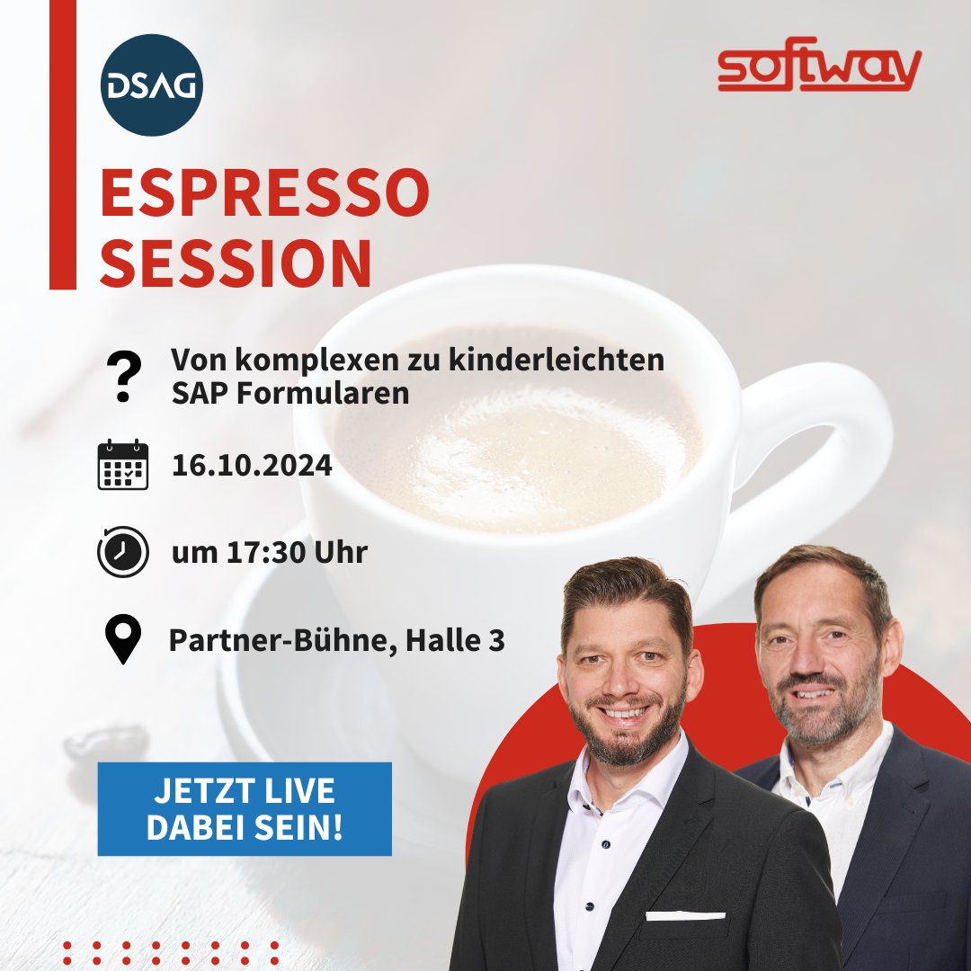 SoftwayAG's tweet photo. In Kürze: Espresso Session auf dem DSAG Jahreskongress 2024! ☕

„Von komplexen zu kinderleichten SAP Formularen“
📅 16.10.2024
🕠17:30 Uhr
🚩Partner-Bühne, Halle 3

#dsagjk24 #sapformulare #softway #adobeforms #outputmanagement @DSAG https://t.co/zvsiwUu5II