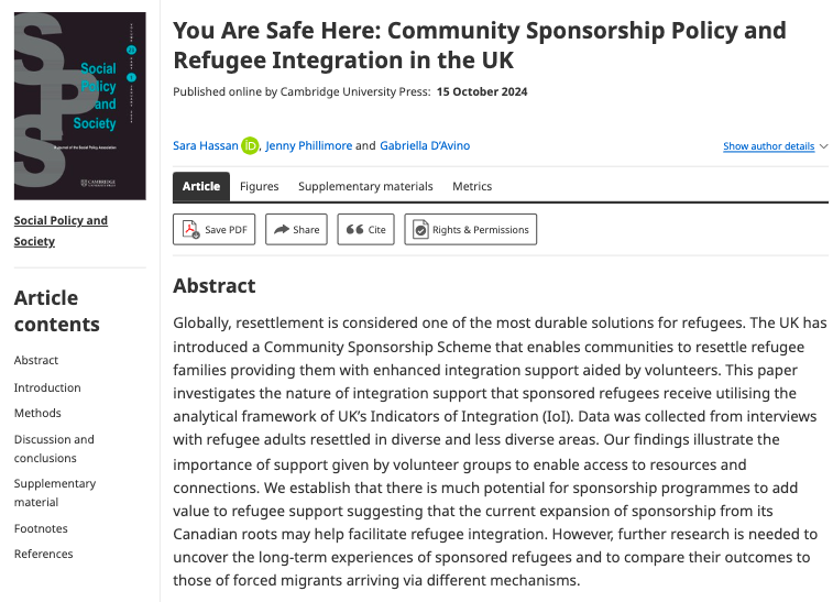 SocialPolicy&Society (@spseditors) on Twitter photo New on #FirstView by Sara Hassan, Jenny Phillimore and Gabriella D'Avino:
You Are Safe Here: Community Sponsorship Policy and Refugee Integration in the UK
cambridge.org/core/journals/… New on #FirstView by Sara Hassan, Jenny Phillimore and Gabriella D'Avino:
You Are Safe Here: Community Sponsorship Policy and Refugee Integration in the UK
cambridge.org/core/journals/…