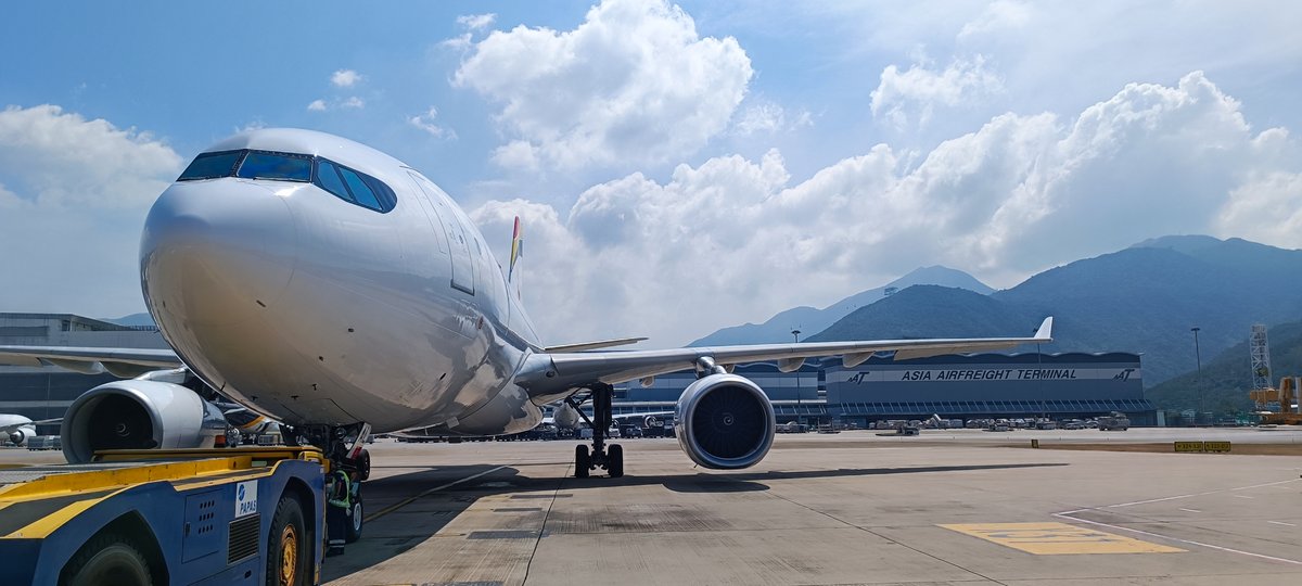 Airbelgium's tweet photo. Happy to announce that we've started operating 4 weekly cargo flights between Brussels and Hong Kong for a new client. Our dedicated teams and reliable A330-243 Freighter are ready to deliver efficient and precise service ✈️
#AirBelgium #FlyBelgianClass #A330F #Cargo https://t.co/22xQWEQJsS