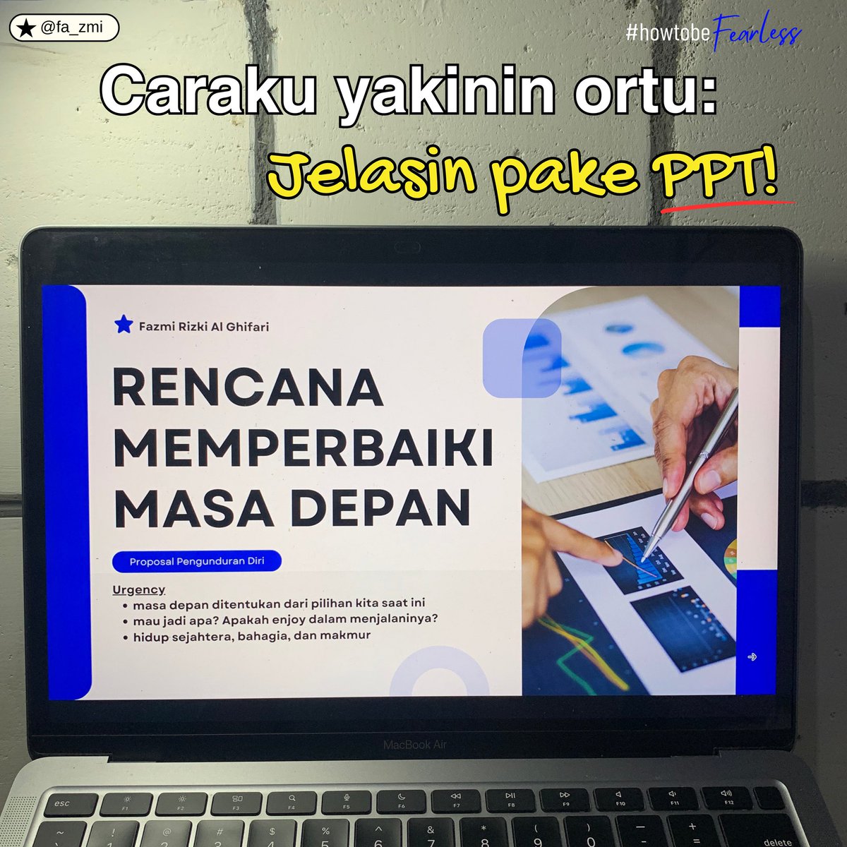 fa_zmi's tweet photo. Agar mimpimu bisa tercapai, komunikasikan dengan orang tua. Gak tau caranya? Pakai PPT aja! 🫵
#studytwt #StudyTips #semigapyear #gapyear #howtobefearless https://t.co/L2T5Ibty4N