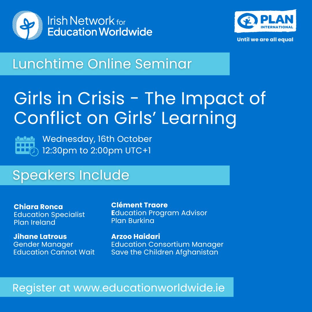 EduCannotWait's tweet photo. 🔴Happening live as we continue to commemorate #DayOfTheGirl!

@EduCannotWait Gender Manger @JihaneLatrous joins @EdWorldwideIE + @PlanIreland seminar: 'Girls in Crisis - The Impact of Conflict on #GirlsLearning' to discuss how #education & #GenderEquality are vital in conflict zones. 

💻https://t.co/x8YzOtapgB