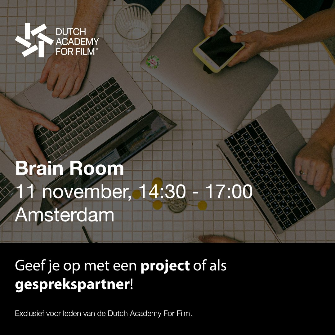 DAcademyForFilm's tweet photo. DAFF-leden: vergeet je niet op te geven voor de Brain Room! 🧠 ✨ Meld je aan met een project of als gesprekspartner. Leden hebben een uitnodiging ontvangen in hun inbox. Deadline: dinsdag 29 oktober 12:00. Lees meer via over de Brain Room via de link: https://t.co/ZyZ2OTPTt6 https://t.co/etBBSYcBfm