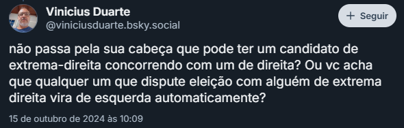 CaptApolloAdama's tweet photo. @GustavoWatts_ Quem ganha eleição não passa pelo crivo autoritário dos militantes! São eles (e apenas eles) que definem quem pode ser de esquerda e quem não pode!

Não sei se você concorda... Mas esse senhor mesmo me disse lá no Bsky que o João Campos é de direita! 😁 https://t.co/cfMaF6hDbT