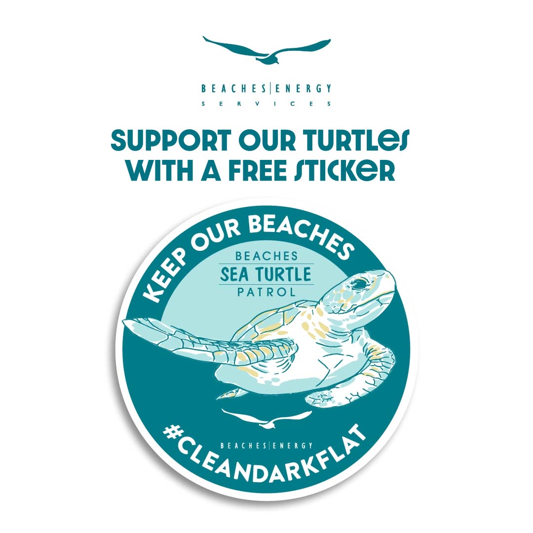BeachesEnergy's tweet photo. Want to help protect sea turtles? Join the #CleanDarkFlat movement and spread the word! Swing by the Beaches Energy office to grab your free sticker, while supplies last. https://t.co/zlylFYX4XV
