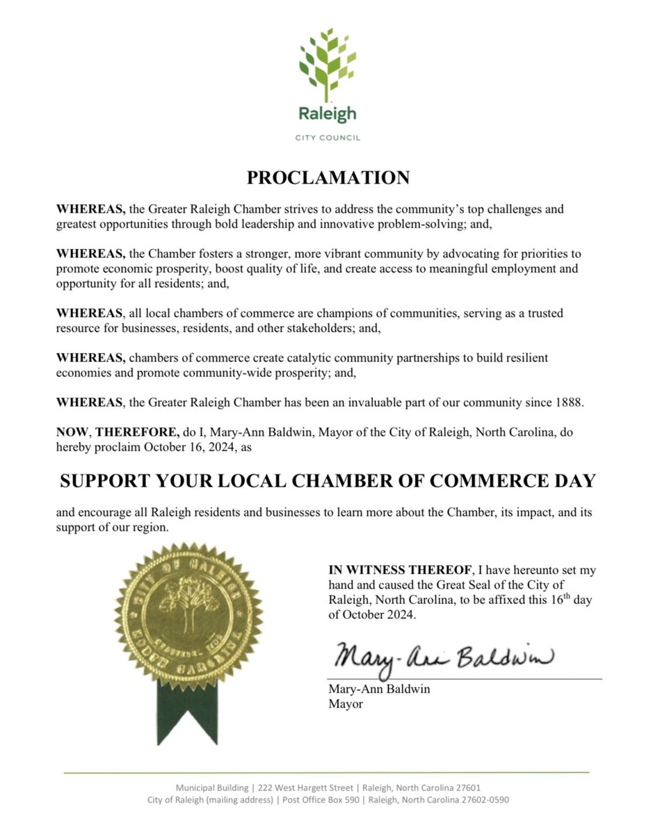 Greater Raleigh Chamber (@raleighchamber) on Twitter photo We are also incredibly grateful for today’s proclamation from <a href="/RaleighGov/">City of Raleigh</a> Mayor <a href="/maryannbaldwin/">Mary-Ann Baldwin ☮️</a>. Thank you to everyone who has supported our Chamber along the way. #GRCSupport We are also incredibly grateful for today’s proclamation from <a href="/RaleighGov/">City of Raleigh</a> Mayor <a href="/maryannbaldwin/">Mary-Ann Baldwin ☮️</a>. Thank you to everyone who has supported our Chamber along the way. #GRCSupport