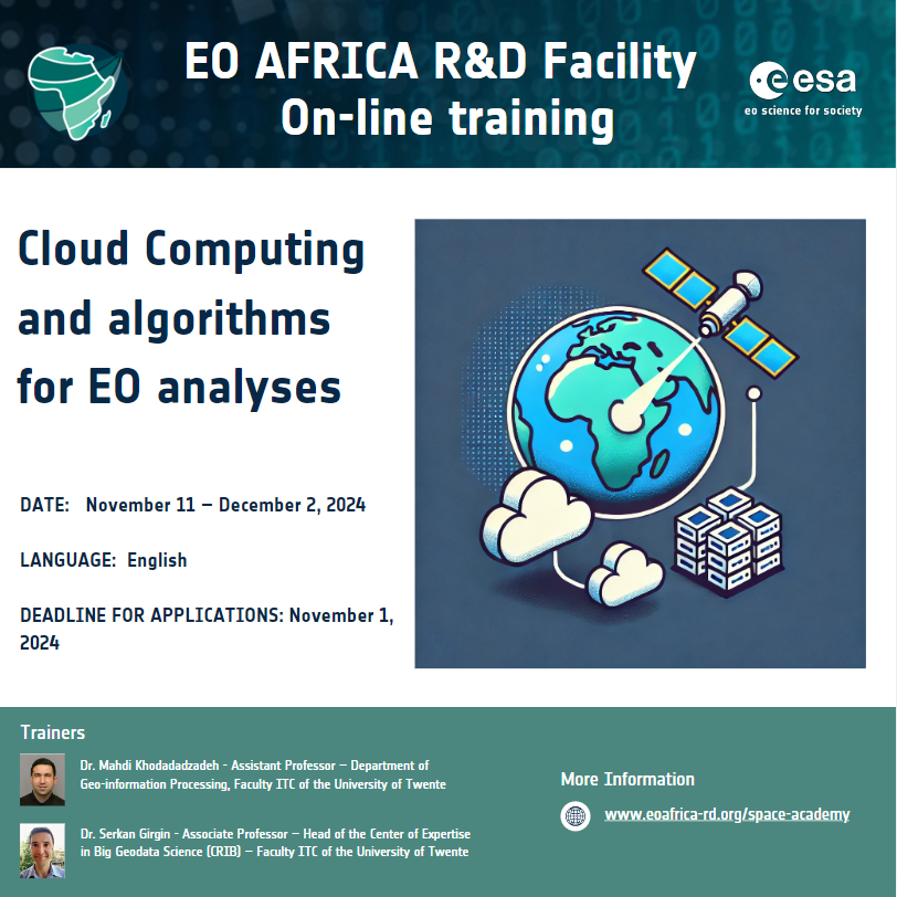 EOAfricaRD1's tweet photo. More @EOAfricaRD1 training 👨🏾‍🎓👩🏾‍🎓:
#onlinecourse to be held on Nov 11 - Dec 2, 2024

Interactive online sessions, recorded videos, exercises, &amp; reading materials.

Applications deadline: 🗓️ Nov 1/24
https://t.co/lji6E5XJVp

#CloudComputing #EO #openEO #Python #JupyterLab https://t.co/fmOrNpit5Z