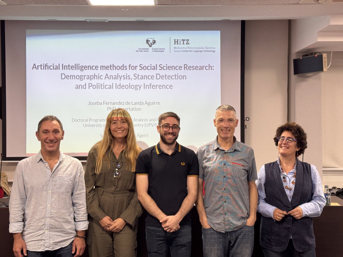 HiTZ zentroa (UPV/EHU) (@hitz_zentroa) on Twitter photo Gaur <a href="/joseba_fdl/">joseba.fdl</a>-ak "Adimen Artifizialeko metodoak gizarte ikerkuntzarako: analisi demografikoa, jarreren
detekzioa eta joera politikoen identifikazioa" izeneko doktore-tesia irakurri du.
Zorionak doktore berriari! 🥳🥳 Gaur <a href="/joseba_fdl/">joseba.fdl</a>-ak "Adimen Artifizialeko metodoak gizarte ikerkuntzarako: analisi demografikoa, jarreren
detekzioa eta joera politikoen identifikazioa" izeneko doktore-tesia irakurri du.
Zorionak doktore berriari! 🥳🥳
