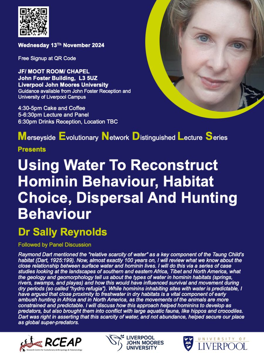 UoL EvoAnth Seminar Series (@livuni_evoanth) on Twitter photo Our next MENDLS talk is by Dr Sally Reynolds
<a href="/SallyR_ISLHE/">Dr Sally C. Reynolds #FossilStoriesWhiteSandsNP</a>, titled "Using water to reconstruct hominin habitat choice, dispersal and hunting behaviour".
Join us in person at <a href="/RCEAP_LJMU/">RCEAP at Liverpool John Moores University</a> on Wednesday 13th November 16.30-18.30 by signing up here: tinyurl.com/59xpdrtf Our next MENDLS talk is by Dr Sally Reynolds
<a href="/SallyR_ISLHE/">Dr Sally C. Reynolds #FossilStoriesWhiteSandsNP</a>, titled "Using water to reconstruct hominin habitat choice, dispersal and hunting behaviour".
Join us in person at <a href="/RCEAP_LJMU/">RCEAP at Liverpool John Moores University</a> on Wednesday 13th November 16.30-18.30 by signing up here: tinyurl.com/59xpdrtf