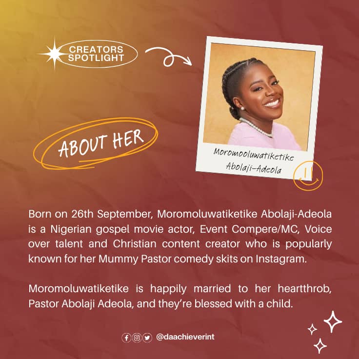 daachieverint's tweet photo. Moromoluwatiketike Abolaji-Adeola Biography

Born on 26th September, Moromoluwatiketike Abolaji-Adeola (Nee Akinborewa) is a Nigerian gospel movie actor, Event Compere/MC, Voice over talent and Christian content creator who is popularly known for her Mummy Pastor comedy skits on https://t.co/tZmrSntgj7