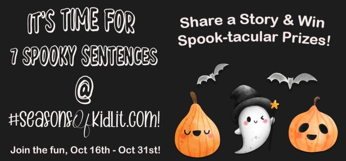 AuthorHMacht's tweet photo. It’s time for #7SpookySentences!

Share a spooky tale at #SeasonsOfKidLit &amp; enter to win some spooktacular prizes like a query critique from @Lynnette_Novak, a PB Mechanic Session with @Literally_Lynne &amp; more! Take a look at our guests &amp;  join the fun!🎃

https://t.co/xhkCTIATE4 https://t.co/sxlZJ2DhRZ