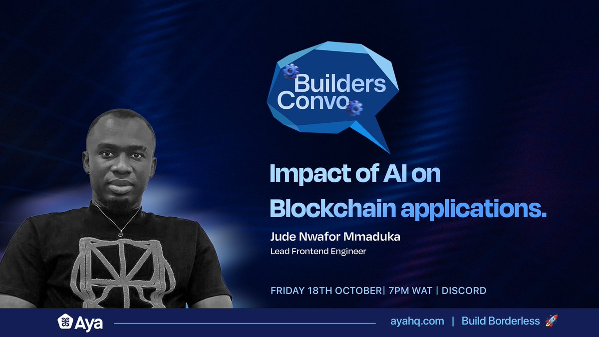 ayahq_'s tweet photo. Let’s bring back our Builders Convo Series!😎

After a brief pause, we’re excited to kick things off again.

Join us this Friday for the 4th Edition, featuring @thaddydore , a seasoned software engineer and Lead Developer at Cyberspace since 2021. 

With over five years of experience in full-stack development, Jude specializes in technologies like React.js, TypeScript, Node.js, Solidity, and Go.

He’s passionate about delivering scalable software solutions and will discuss the impact of AI on blockchain technology. 

Don’t miss this insightful conversation!

Join our builders community to join the conversation

https://t.co/0V6N8VQOx8