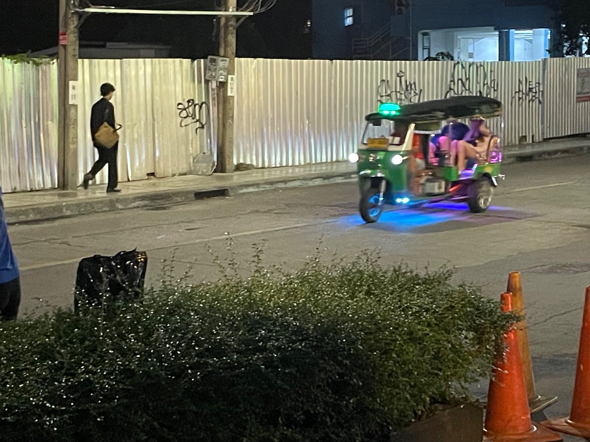 Bangkok, Sukhumvit 11, The Wine Connection. 

I’ve been enjoying checking out the custom Tuk Tuks. Something resembling American rod car culture here. They put a lot of effort into tricking them out with RGB lighting, speakers, sometimes even Cyber-Punk-esque screens with