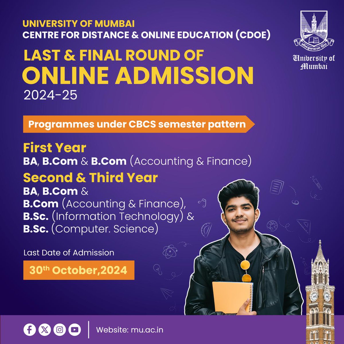idol_uom's tweet photo. Apply now Centre for Distance & Online Education (CDOE) (formerly IDOL) University of Mumbai, before October 30, 2024
Link for Online Applications: https://t.co/sWgM5fa13u
#UniversityOfMumbai #CDOE #AdmissionDeadlineExtended" #OnlineEducation #UGAdmissions #HigherEducation" https://t.co/2MGneVkjmT