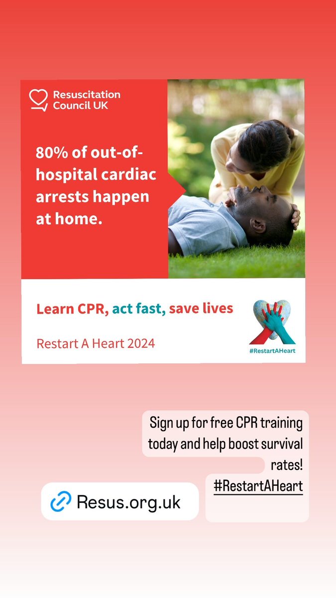 #RestartAHeartDay 

Anyone can be affected by a sudden cardiac arrest at any time, without immediate action, the person will die. Learn the steps to CPR and how to use a defib this #RestartAHeart to become a lifesaver: resus.org.uk/rsah