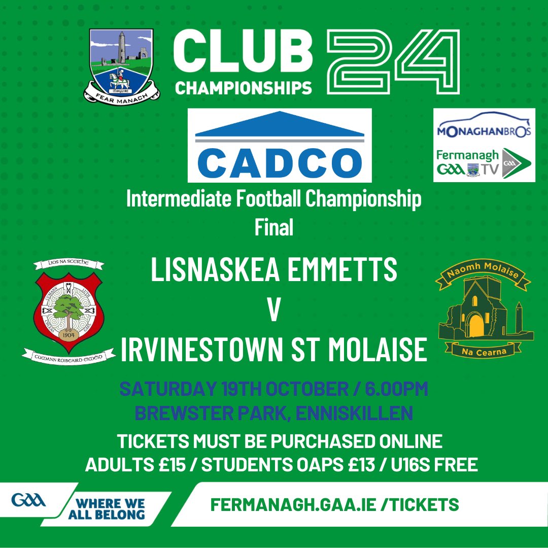 FermanaghGAA's tweet photo. Finals Weekend &amp; all roads lead to Brewster Park….

⁦Clash of the Gaels in the@MannokBuild⁩ SFC Final ⁦@EKNGAELS⁩ v ⁦@ErneGaelsGAC⁩

 Battle of the towns in the CADCO IFC Final ⁦@LisnaskeaEmmets⁩ v ⁦@naomhmolaise⁩

Tickets: https://t.co/Au3cOVHD5v https://t.co/bszU7xkzT8