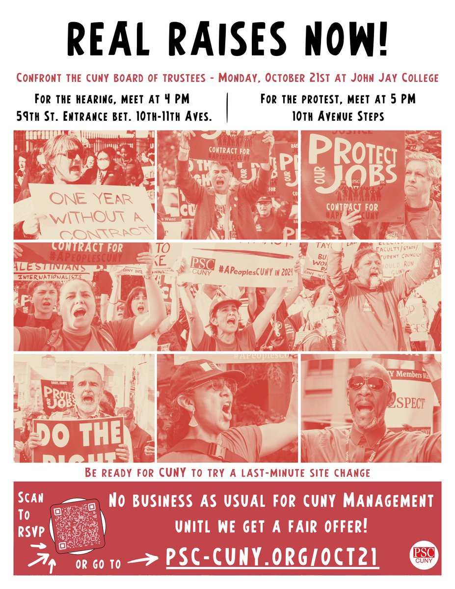 PSC_CUNY's tweet image. Next month marks 𝘁𝘄𝗼 𝘆𝗲𝗮𝗿𝘀 w/o a contractual raise for PSC members &amp;amp; we are outraged.

Let’s send a strong message to the Chancellor &amp;amp; the Board of Trustees. Join PSC members &amp;amp; elected leaders on Mon., Oct. 21 at John Jay College: psc-cuny.org/OCT21 
 
#APeoplesCUNY