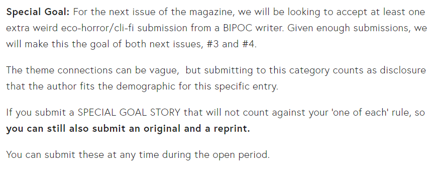 TenebrousPress's tweet image. SUPER IMPORTANT: Like the previous issues, we have a goal to find extra stories from specific writers. This time, it's weird eco-horror/cli-fi from BIPOC writers. Please help us out by sharing this widely!

We're also looking for first readers. Apply here:
forms.gle/ueRHt8fvKhgPqL…