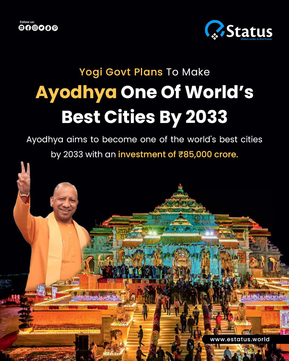 officialeStatus's tweet photo. Ayodhya aims to become one of the world's best cities by 2033 with an investment of ₹85,000 crore.
#estatus #ayodhyaproperty #ayodhyarealestate #ayodhyarammandir #ayodhyainvestment #invest #realestate #ayodhyarealestate https://t.co/VRtWLevpt4