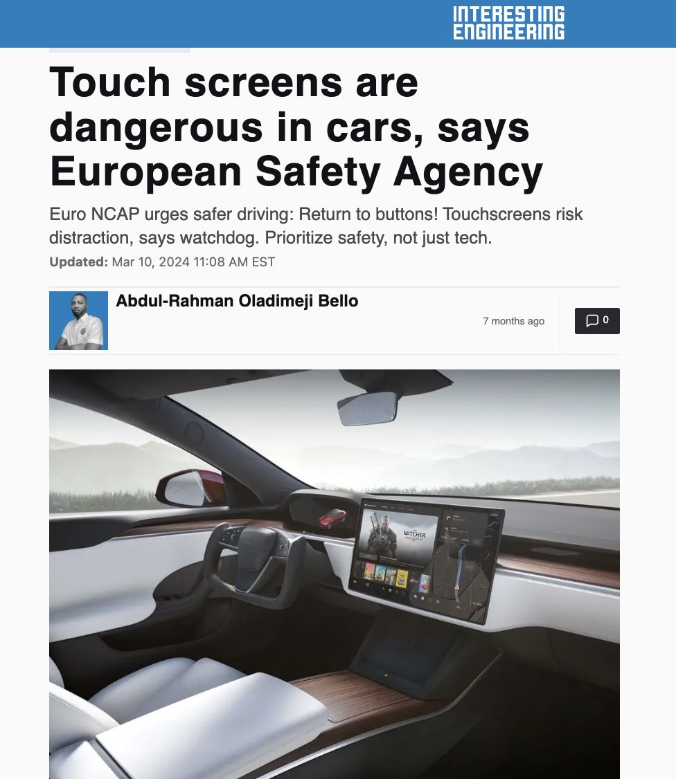 Straight into my veins:

"Return to buttons! Touchscreens risk distraction, says watchdog. Prioritize safety, not just tech."

interestingengineering.com/transportation…