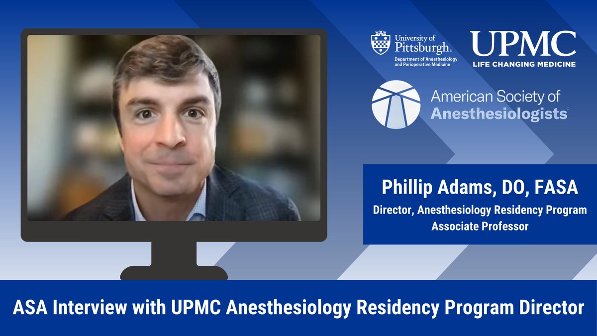 Pitt Anesthesiology & Perioperative Medicine (@pittanes) on Twitter photo 🖥️ Phillip Adams, DO, FASA, <a href="/PittAnesRes/">Pitt/UPMC Anesthesiology Residency</a> Director, was recently featured in the American Society of Anesthesiologists (<a href="/ASALifeline/">ASA®</a>) Residency Program Director interview series.
This series, developed by the ASA Medical Student Component Governing Council, aims to help medical 🖥️ Phillip Adams, DO, FASA, <a href="/PittAnesRes/">Pitt/UPMC Anesthesiology Residency</a> Director, was recently featured in the American Society of Anesthesiologists (<a href="/ASALifeline/">ASA®</a>) Residency Program Director interview series.
This series, developed by the ASA Medical Student Component Governing Council, aims to help medical