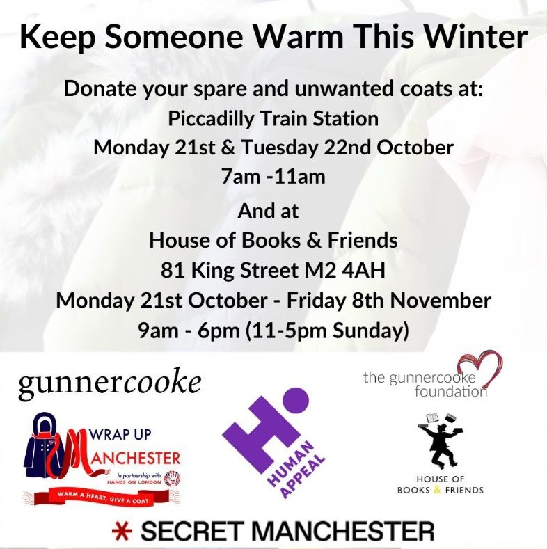 We'll be in <a href="/NetworkRailMAN/">Manchester Piccadilly</a> Piccadilly this Thursday, Friday and next Monday and Tuesday - be sure to drop off your unwanted coats with us on your way to work!