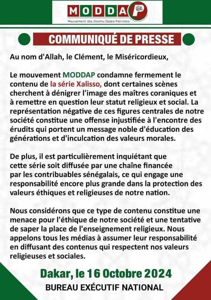 Le_Patriote_221's tweet photo. 🚨🇸🇳
COMMUNIQUÉ DE PRESSE
Le MODDAP (Mouvement des Doomu Daara Patriotes) condamne fermement le contenu de la *Série Xalisso*, dont certaines scènes cherchent à dénigrer l'image des maîtres coraniques et à remettre en question leur statut religieux et social.
#Senegal #MODDAP https://t.co/PyvBQqekOv
