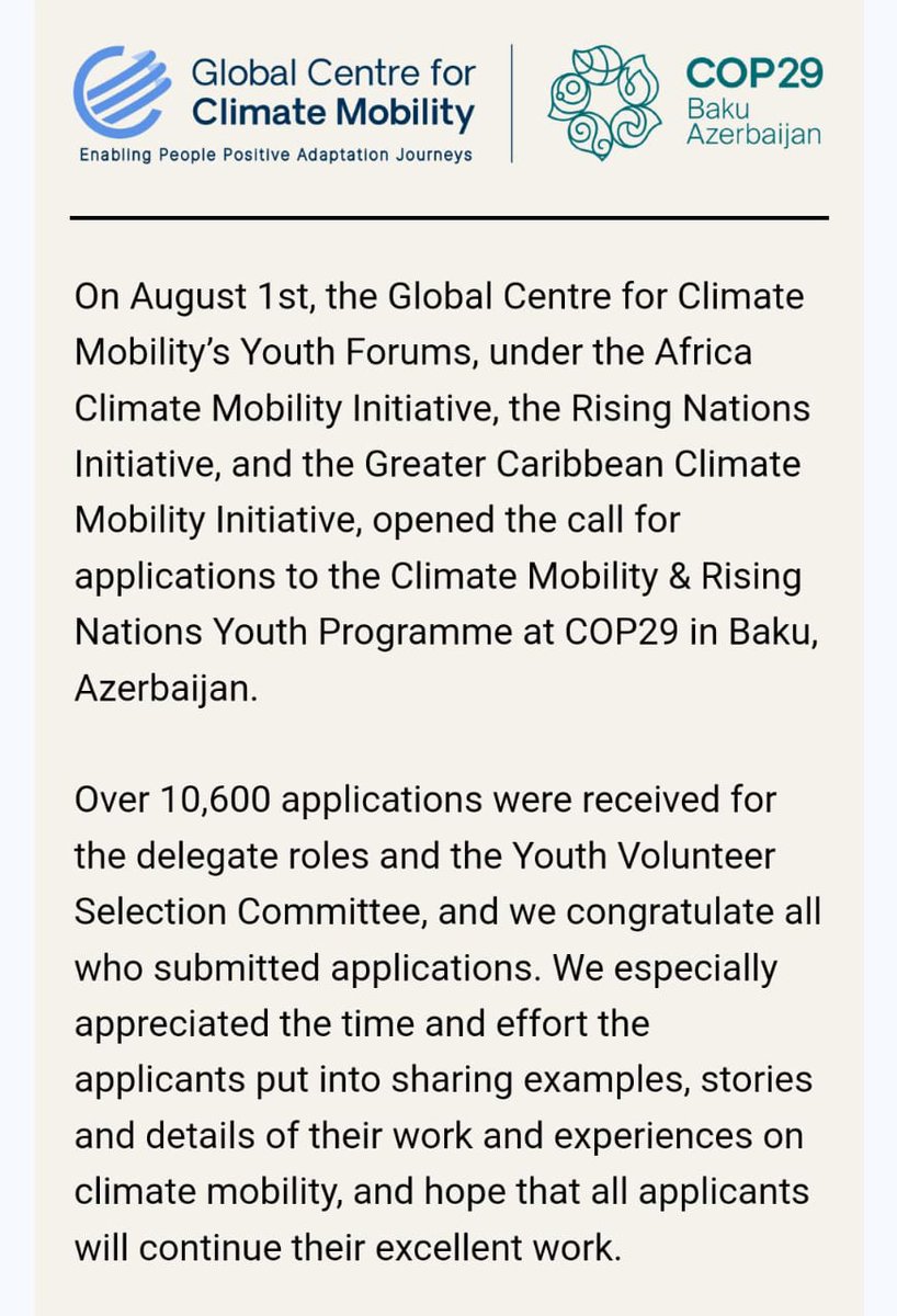 A_Farole's tweet photo. I am honored to have been selected as one of the few delegates for #COP29 after a highly competitive process involving over 10,000 talented youth from around the world. I am deeply grateful to God for this opportunity and to @GCCMobility for their trust and recognition. https://t.co/wf6hWBH2S8