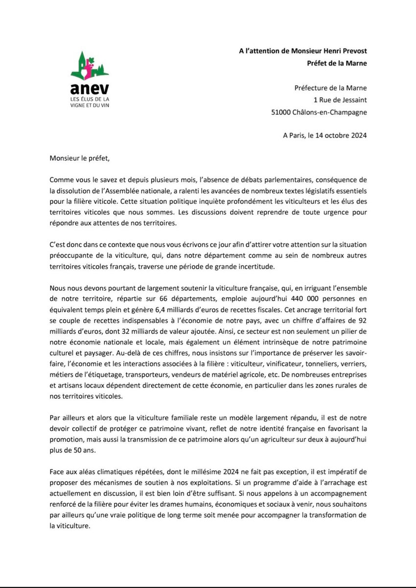 VinLeglantier's tweet photo. J’ai cosigné, avec mes collègues @elusduvin 51 ce courrier à destination de @Prefet51 pour remonter les doléances de la filière 🍇 au Gouvernement qui rencontre de fortes difficultés. Il est nécessaire que les élus des régions viticoles se mobilisent pour nos viticulteurs ! 🍷🥂 https://t.co/D9PpJ0F0up