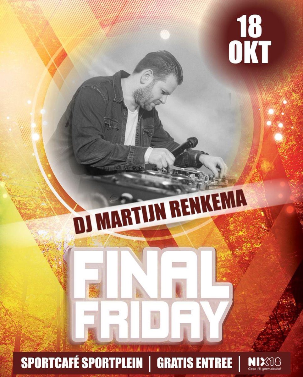 Sportplein's tweet photo. 🎧 𝗗𝗝 𝗠𝗮𝗿𝘁𝗶𝗷𝗻 𝗥𝗲𝗻𝗸𝗲𝗺𝗮 🕤 𝟮𝟭:𝟯𝟬-𝟬𝟭:𝟯𝟬 𝘂𝘂𝗿

Zien we jullie vrijdag tijdens de '𝗱𝗲𝗿𝗱𝗲 𝗵𝗲𝗹𝗳𝘁' van het zaalvoetbal?⚽🍻

🚪𝗚𝗿𝗮𝘁𝗶𝘀 𝗲𝗻𝘁𝗿𝗲𝗲
🔞 𝗚𝗲𝗲𝗻 𝟭𝟴, 𝗴𝗲𝗲𝗻 𝗮𝗹𝗰𝗵𝗼𝗵𝗼𝗹 https://t.co/wgIYS72GKe