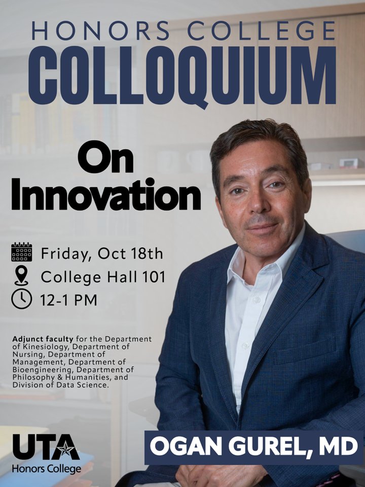 📅 Friday, October 18th, 12-1 PM
📍 College Hall 101

Join us for the Honors College Colloquium featuring Dr. Ogan Gurel! Gain insights into the cutting-edge ideas driving change across various disciplines. 

Don’t miss out on this exciting opportunity!!

#CIHI #UTArlington
