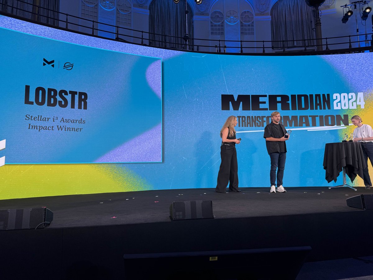 lobstr's tweet photo. We’re thrilled to share that Lobstr has won the @StellarOrg i3 Award for Impact at #Meridian2024.

Thank you to the #Stellar community for voting for us. What an honor! We’ll keep working hard to make an impact far into the future. https://t.co/4OUrSBG1Hp