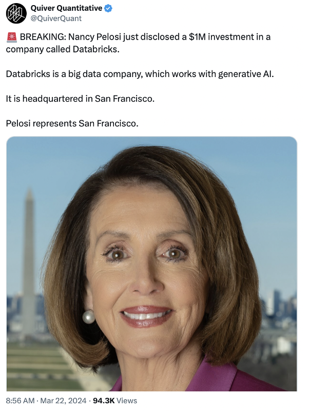 QuiverQuant's tweet photo. Amazon just signed a five-year partnership with an AI company called Databricks.

Earlier this year, we saw a politician invest over $1M in Databricks.

That politician was Nancy Pelosi: https://t.co/1f7Ruj2RDC