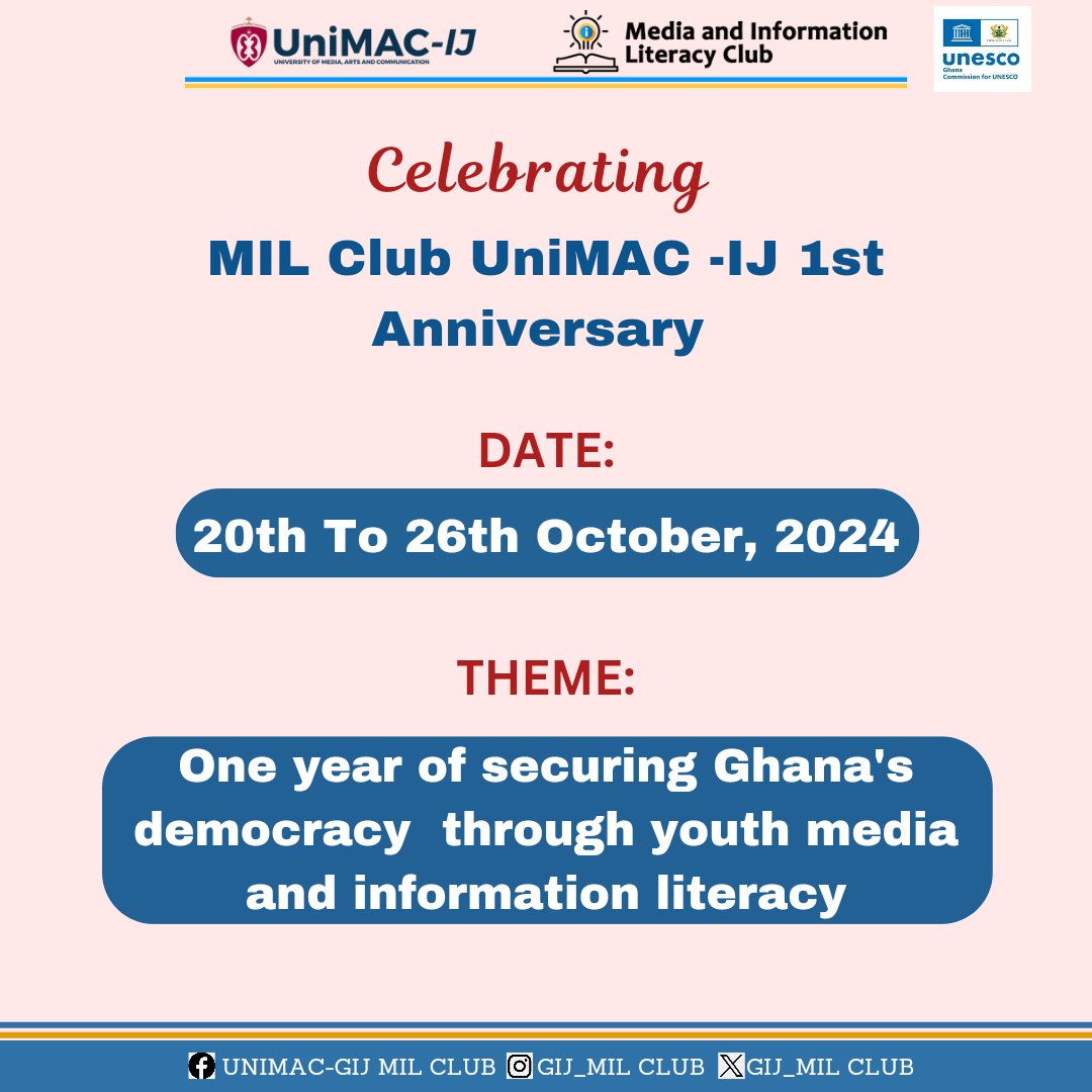 GIJ_MILCLUB's tweet photo. The excitement is building up. Introducing our theme for the week long celebration. 

Get ready to celebrate with us from Friday, 20th October to Saturday, 26th October, 2024. 

#MILClubUniMACIJ #PromotingMILforall  #Oneyearanniversary  #InternationalMILweek https://t.co/iJBQHfVUFr