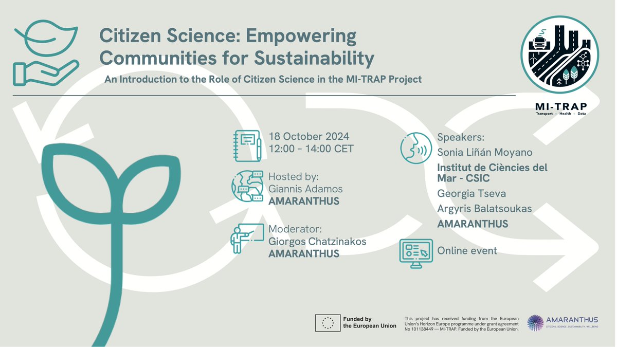 MI-TRAP (@mitrap_eu) on Twitter photo ๐ ๐ On October 18th, <a href="/amaranthusgr/">AMARANTHUS</a> will host an internal #online event to introduce partners to the concept of Citizen Science and its role within #MITRAP๐ข Guest Speaker Sonia Liรฑรกn Moyano | <a href="/ICMCSIC/">ICM-CSIC</a> <a href="/cinea_eu/">CINEA ๐ช๐บ</a> <a href="/CLaspidou/">Chrysi Laspidou</a> <a href="/GiannisAdamos/">giannis adamos</a> <a href="/NCSR_Demokritos/">NCSR Demokritos</a> ๐ ๐ On October 18th, <a href="/amaranthusgr/">AMARANTHUS</a> will host an internal #online event to introduce partners to the concept of Citizen Science and its role within #MITRAP๐ข Guest Speaker Sonia Liรฑรกn Moyano | <a href="/ICMCSIC/">ICM-CSIC</a> <a href="/cinea_eu/">CINEA ๐ช๐บ</a> <a href="/CLaspidou/">Chrysi Laspidou</a> <a href="/GiannisAdamos/">giannis adamos</a> <a href="/NCSR_Demokritos/">NCSR Demokritos</a>