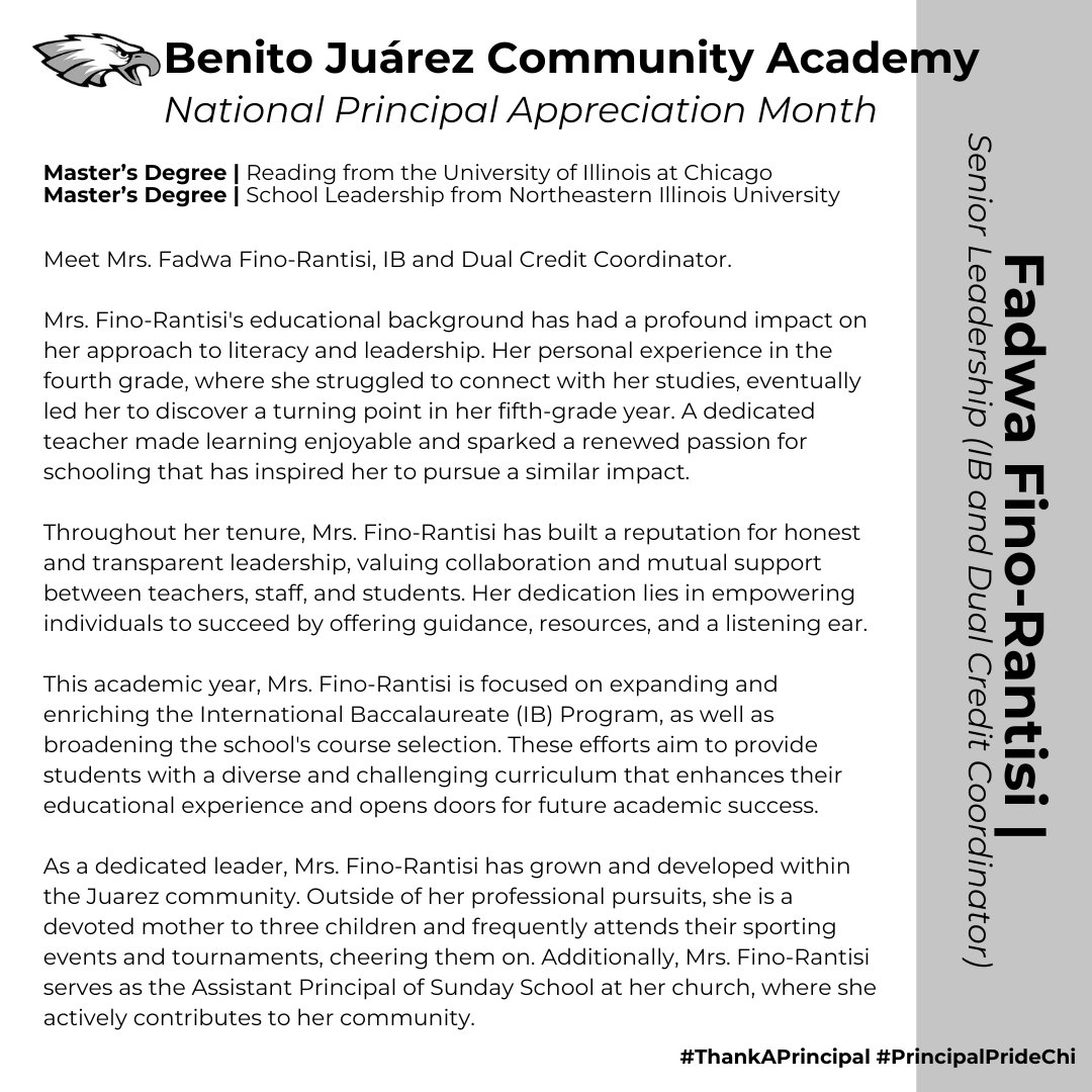 📣 This year, we are taking October to express our appreciation for our School Leadership Team for their dedication to Benito Juarez Community Academy.  🦅
Thank you Mrs. Fino-Rantisi for your contributions to our school community!
#ThankAPrincipal #PrincipalPrideChi