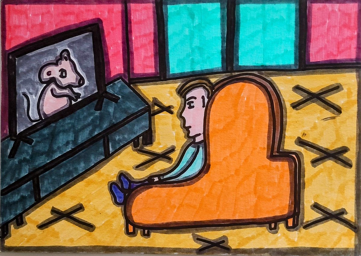 Devant un dessin animé 
<a href="/JBFrancois2022/">𝕁𝕖𝕒𝕟 𝔹𝕖𝕣𝕟𝕒𝕣𝕕 𝔽𝕣𝕒𝕟ç𝕠𝕚𝕤</a> Peinture 2024 format 21x29,7cm marqueurs 
#painting #Peinture #artsingulier #ArtistOnX #artgallery #Contemporary #contemporaryart #boy #colors #like