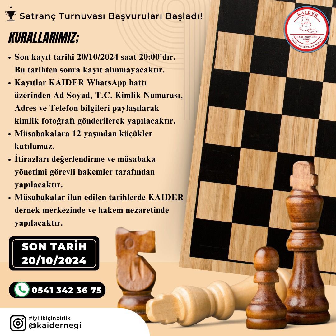 dernekkai's tweet photo. KAIDER Olarak dernek merkezimizde ödüllü olarak satranç turnuvası düzenlenlenecektir.
Tüm hemşerilerimizi dernek merkezimize bekliyoruz. Turnuva için başvurular 20 Ekim 2024 tarihine kadar alınacaktır. 
Müsabakalarda;
1’inciye 6.000,00 TL
2’inciye 4.000,00 TL
3’üncüye 2.000,00 TL https://t.co/KKQXlwbGP4