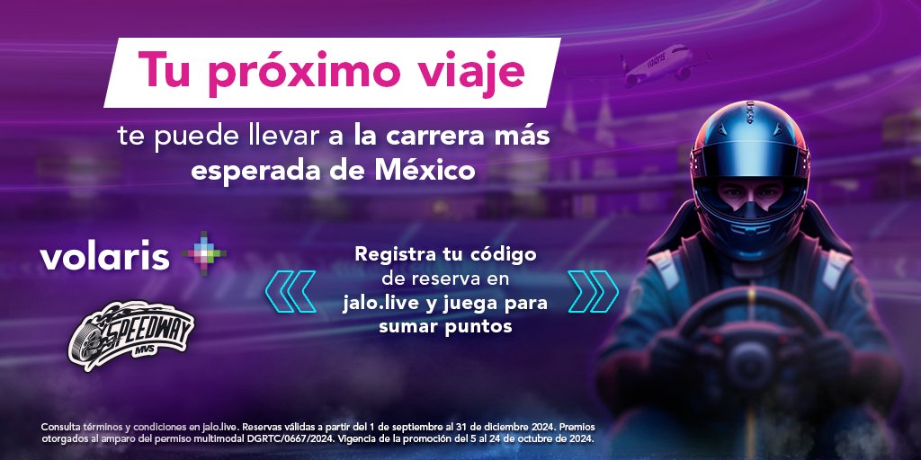 MVStvOficial's tweet photo. 🏁 @ViajaVolaris te lleva al #Speedway #MVS para que puedas ganar un pase doble a la carrera más esperada de México🏎️
Solo sigue estos pasos:
1. Entra a https://t.co/v7W7tHtbTD
2. Registra tu código de reserva Volaris.
3. Juega y completa las misiones.
¡Participa ahora!
#MVSTv #VuelaMejorVuelaBien #Volaris