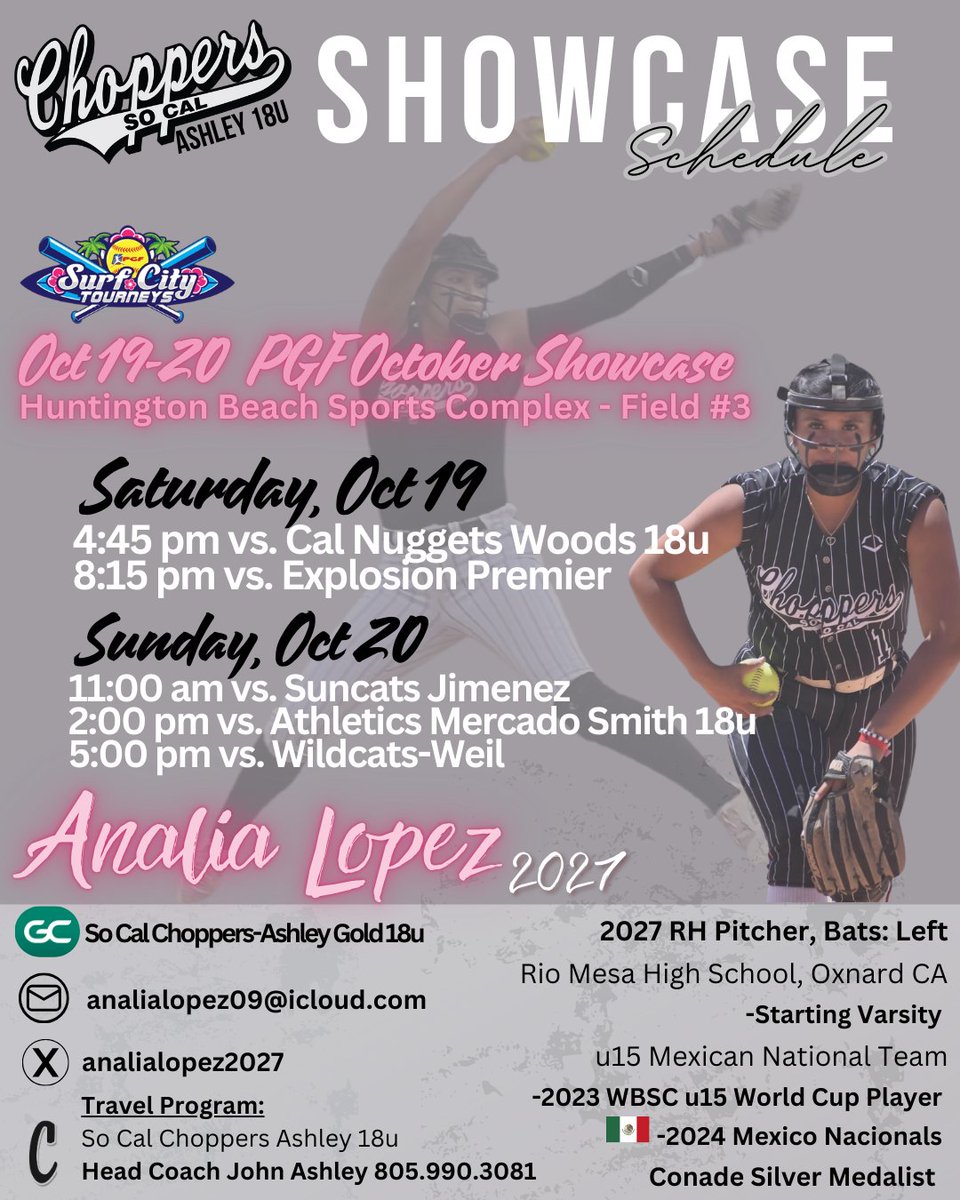 AnaliaLopez2027's tweet photo. PGF OCTOBER SHOWCASE! Iโll be participating in the PGF Surf City October Showcase! ๐Coaches, if youโre in town, Iโd love for you to stop by and catch one of our games. Looking forward to showcasing my skills on the field! ๐ฅ #PGFShowcase #SoftballLife #2027Pitcher #AnaliaLopez #Socalsoftball #ChoppersAshley #PGFOctoberShowcase