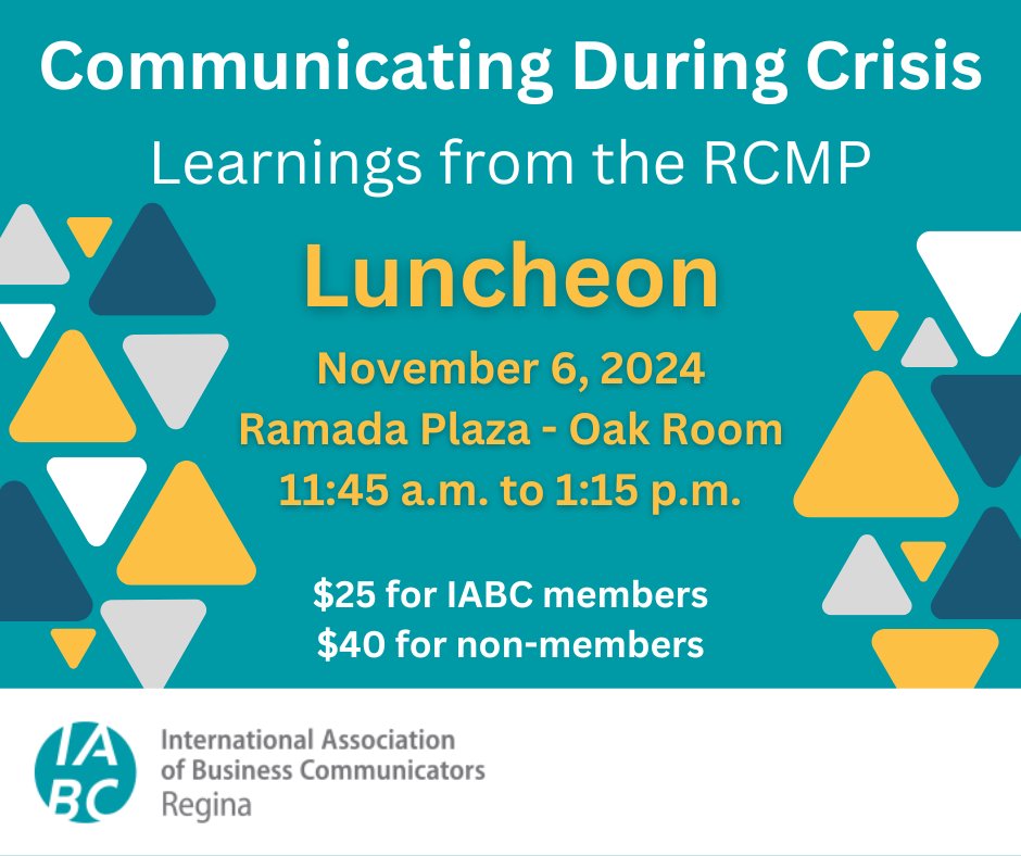 iabcregina's tweet photo. Our upcoming Lunch-and-Learn o Nov. 6 features Mandy Maier, Senior Communications Advisor, SK RCMP. 
She will share her learnings from working in law enforcement comms–when they're always preparing for potential crisis situations. 
Tickets available now!
https://t.co/CnKKs2y0LU https://t.co/jwnllFnGku