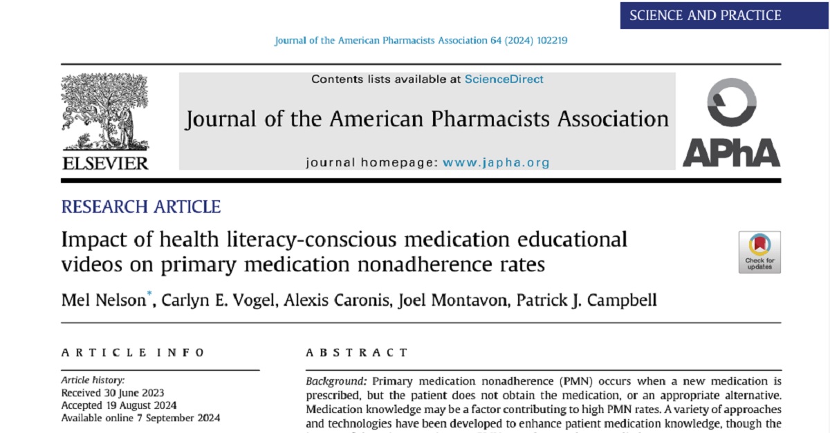 PQAAlliance's tweet photo. New in @JAPhAJournal: PQA's paper on "Impact of health literacy-conscious medication educational videos on primary medication nonadherence rates." This project was supported by @lumistry_, @LibertySoftware and an unrestricted educational grant by @Merck. https://t.co/tRYgwsfPq6 https://t.co/jbADnQ4mZH