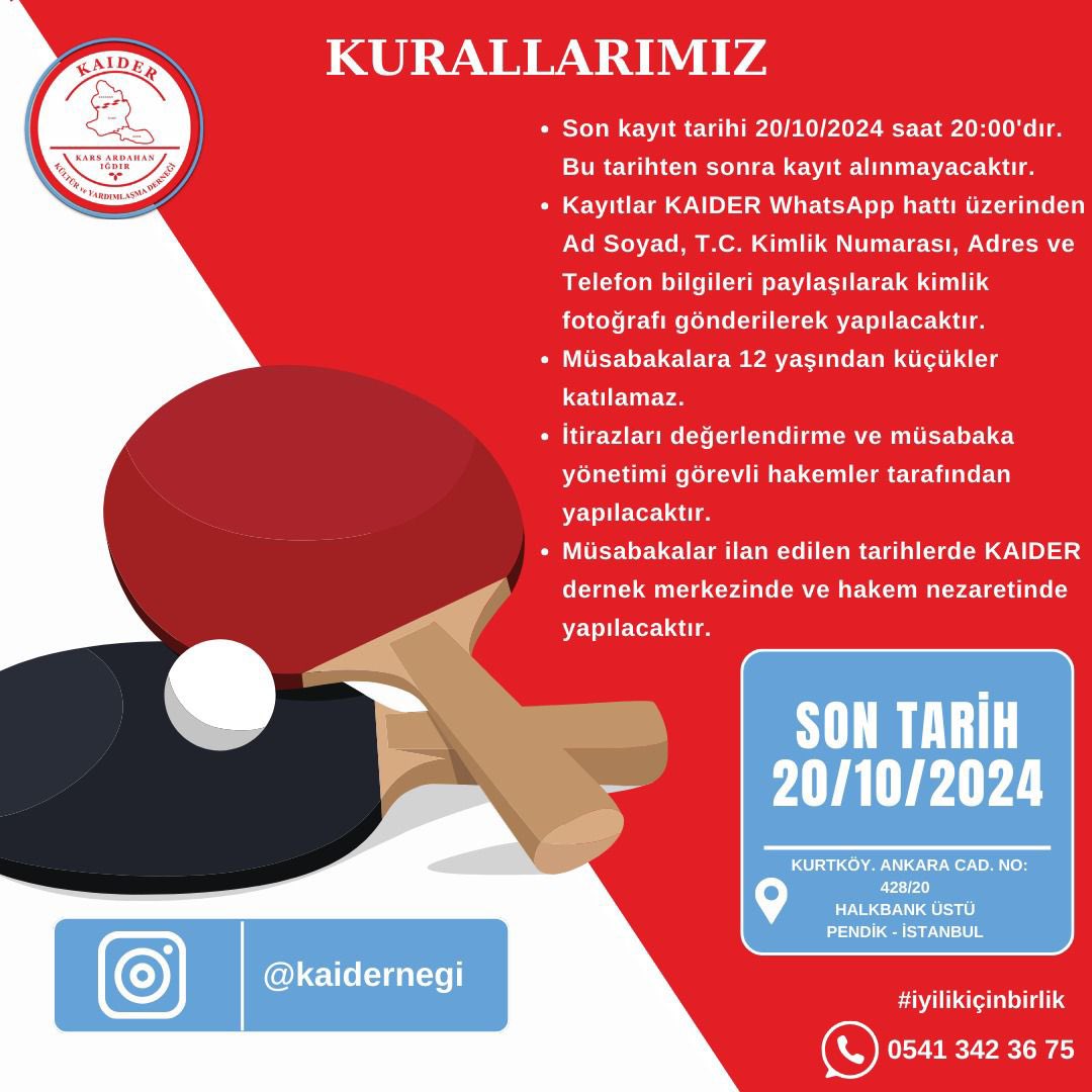 dernekkai's tweet photo. KAIDER Olarak dernek merkezimizde ödüllü olarak Masa Tenisi turnuvası düzenlenlenecektir.Tüm hemşerilerimizi dernek merkezimize bekliyoruz.Turnuva için başvurular20 Ekim 2024 tarihine kadar alınacaktır.
Müsabakalarda;
1’inciye 6.000,00 TL
2’inciye 4.000,00 TL
3’üncüye 2.000,00 TL https://t.co/pD9afZmhST
