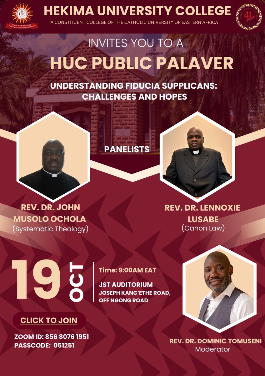 HekimaHUC's tweet image. Join us for the HUC Public Palaver on 19th October 2024 at 9:00 AM EAT!
Explore "Understanding Fiducia Supplicans: Challenges and Hopes" with expert panelists Rev. Dr. John Musolo Ochola and Rev. Dr. Lennoxie Lusabe.
#HUCEvents #TheologyInAction #CanonLaw #SystematicTheology #HUC