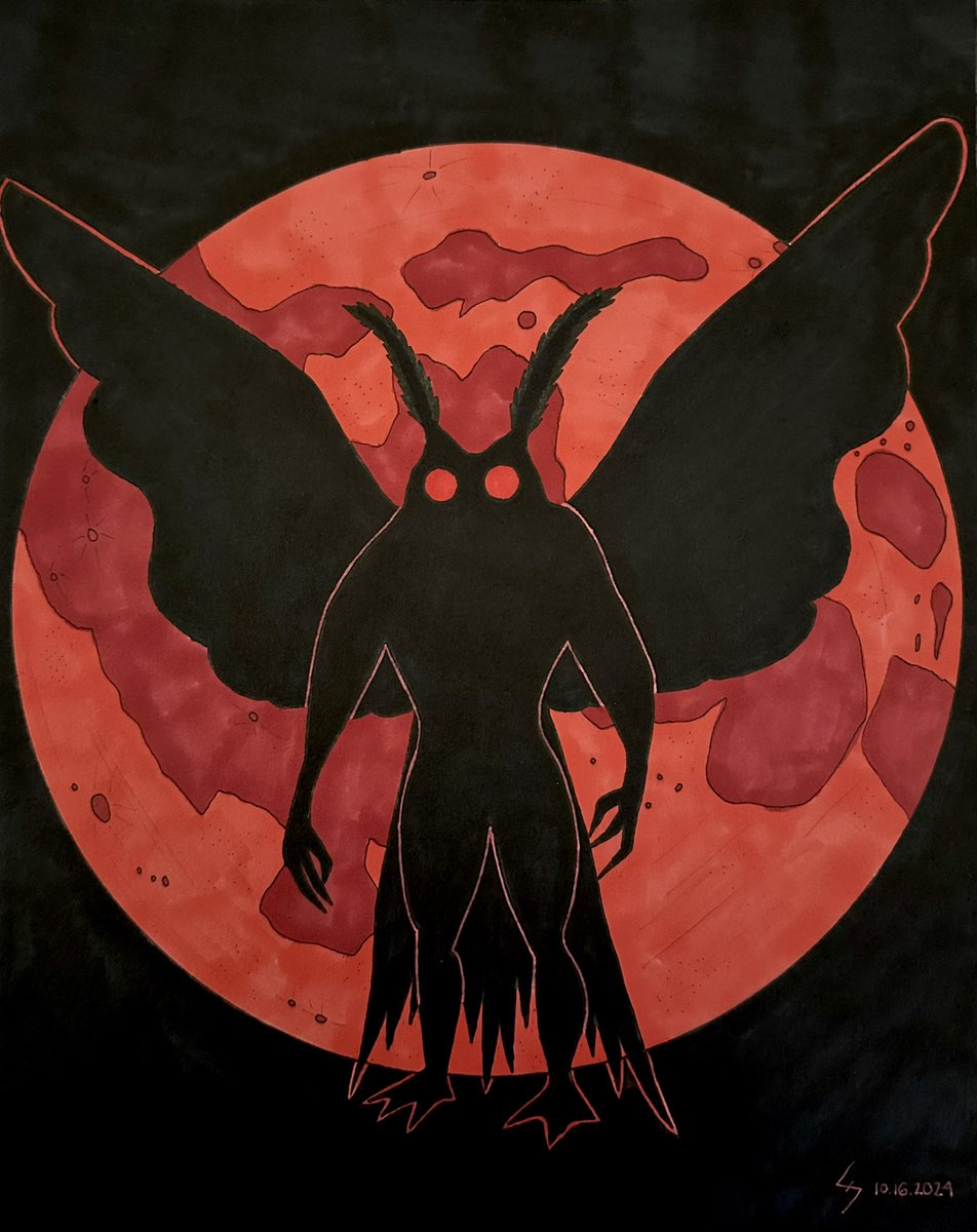 Captain_Syren's tweet photo. Day 16 of Cryptid Inktober, Mothman, 2 Hours https://t.co/ZcFThEF7TD