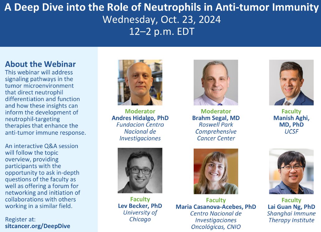 Excited to be part of this #Deep_Dive symposium via Zoom organized with #SITC, featuring some of the hottest science in the field of #neutrophils in cancer
Join us! 👇👇
