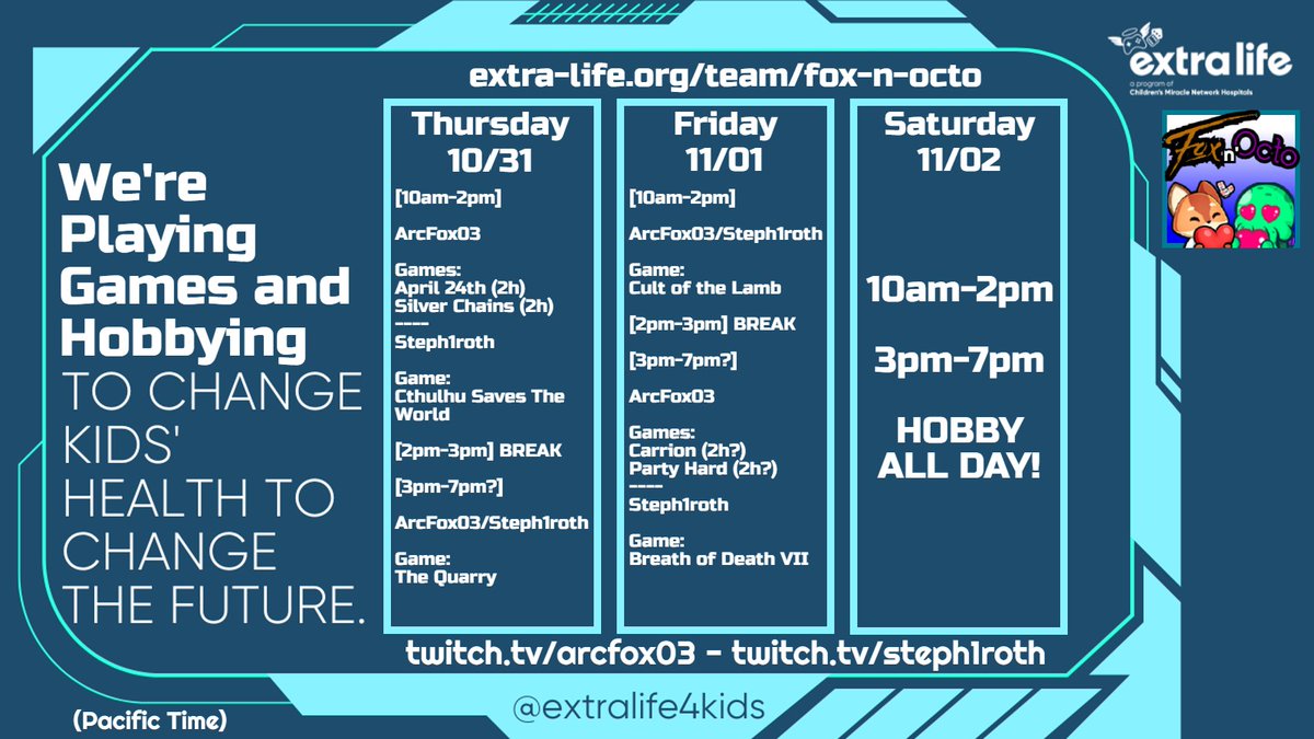 Hey! <a href="/Steph1roth/">Steph1roth</a> and I are raising money for kids! Come join us and spread the word! <a href="/ExtraLife4Kids/">Extra Life</a> - extra-life.org/team/fox-n-octo