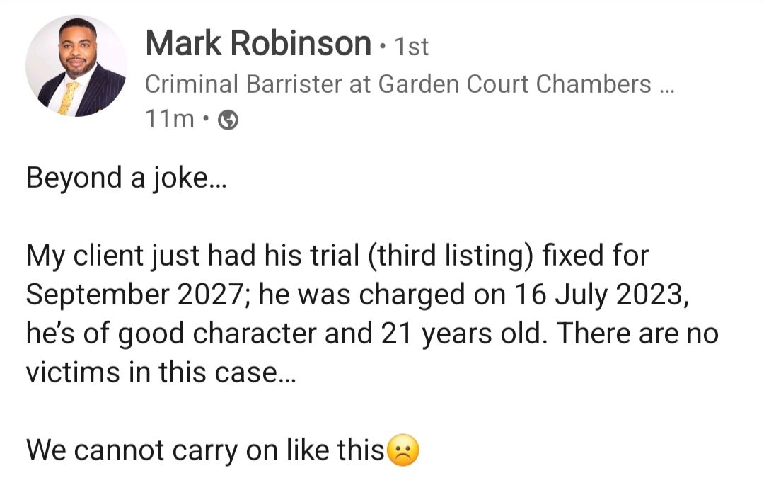 Reposting here as Mark's not on twitter. <a href="/TheCriminalBar/">The CBA</a> <a href="/thebarcouncil/">The Bar Council</a> <a href="/TheLawSociety/">The Law Society</a> <a href="/lawsocgazette/">Law Society Gazette</a> <a href="/legalhackette/">Catherine Baksi</a> #courtsinchaos