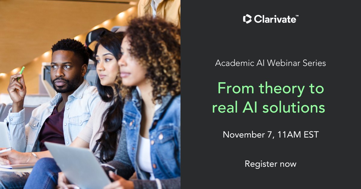 ClarivateAG's tweet photo. Join this webinar to discover solutions that leverage generative AI to move libraries forward – driving academic integrity, advancing student learning outcomes and increasing institutional and staff productivity. #AcademicAI #ReponsibleAI

Register now: https://t.co/fVRxZdjw2z https://t.co/dn3Hy5Y4gL