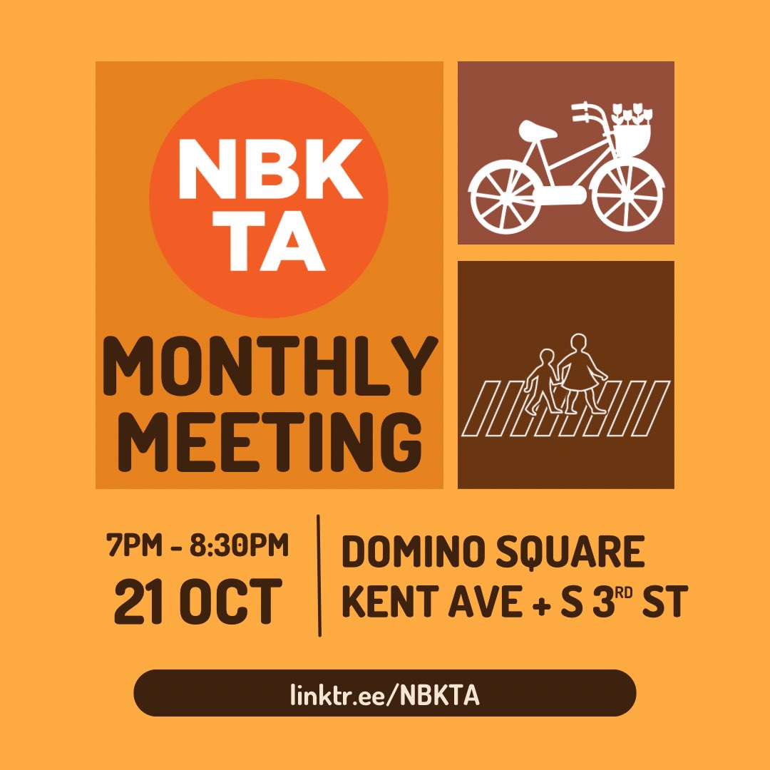 Join us in person next Monday, October 21st, for our monthly meeting. We’ll be meeting at North Brooklyn’s newest public plaza -Domino Square! See you there at 7.